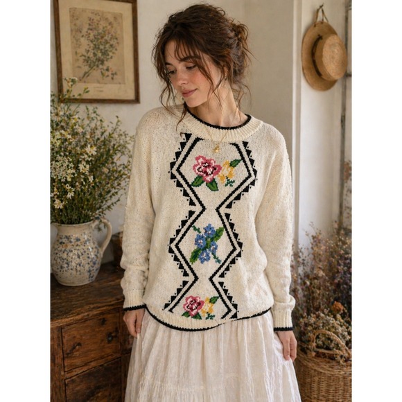 liz wear Sweaters - Vintage 90s LIZ WEAR Sweater Medium Multicolor Pullover Floral Linen Blend Knit